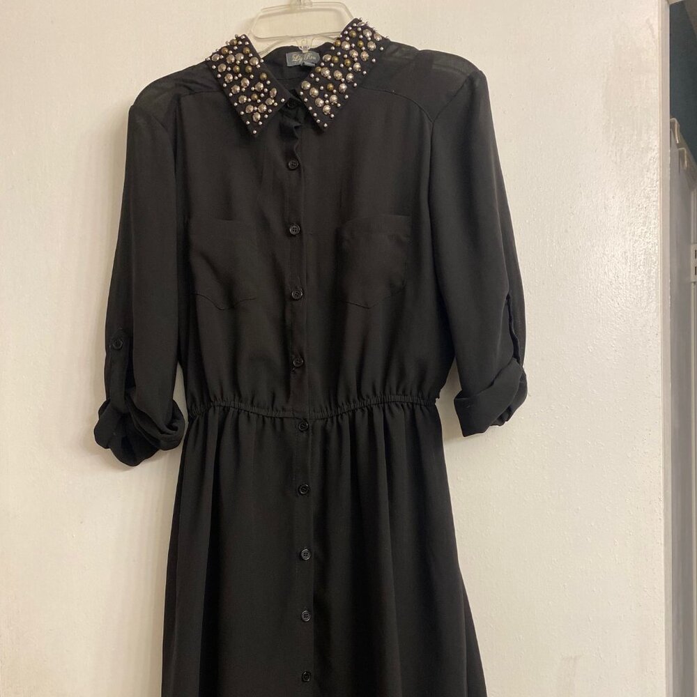 Women's Lily Rose Black Shirt Dress Sheer Lined Studded Collar - Size Small